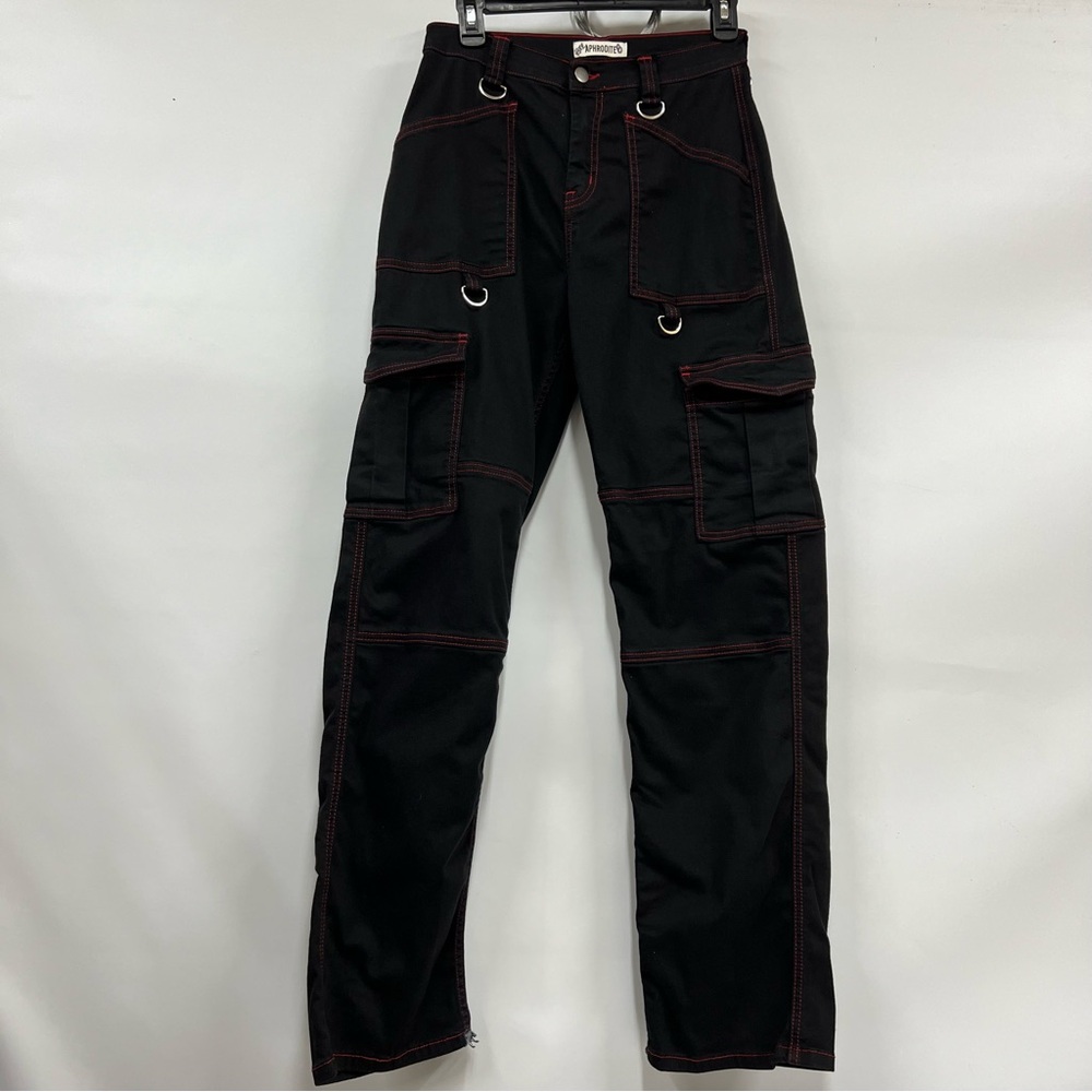 Aphrodite size 1 Black Cargo Pants Red Stitching grommets gothic